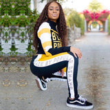 Autumn Letter Print Two Piece Tracksuit Set Women Color Patchwork