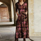 Elegant Floral Print Split Maxi Dresses Women Autumn Deep V Neck Flare Sleeve Party Dress Ladies Sexy Plus Size Slim Dress Belt
