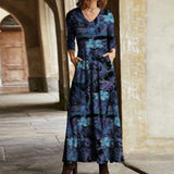 Elegant Floral Print Split Maxi Dresses Women Autumn Deep V Neck Flare Sleeve Party Dress Ladies Sexy Plus Size Slim Dress Belt