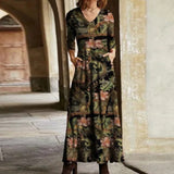 Elegant Floral Print Split Maxi Dresses Women Autumn Deep V Neck Flare Sleeve Party Dress Ladies Sexy Plus Size Slim Dress Belt