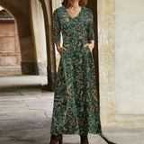 Elegant Floral Print Split Maxi Dresses Women Autumn Deep V Neck Flare Sleeve Party Dress Ladies Sexy Plus Size Slim Dress Belt