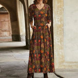 Elegant Floral Print Split Maxi Dresses Women Autumn Deep V Neck Flare Sleeve Party Dress Ladies Sexy Plus Size Slim Dress Belt