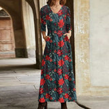 Elegant Floral Print Split Maxi Dresses Women Autumn Deep V Neck Flare Sleeve Party Dress Ladies Sexy Plus Size Slim Dress Belt
