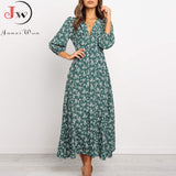 Women Chiffon Long Dress Floral Print Lantern Sleeve A-line Maxi Vestidos Autumn New Elegant Vintage V Neck Winter Dresses