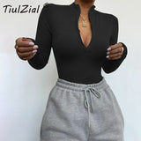 TiulZial Pure Zipper Bodycon Bodysuit For Woman Black Autumn Sexy Bodysuit Women Winter Basic Body Female White Top Romper