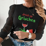 Autumn Patchwork Beaded Sheer Mesh Blouse Sexy O Neck Hollow Out Women Shirt Blusa Elegant Ruffle Puff Long Sleeve Tops Pullover