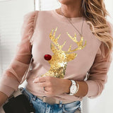 Autumn Patchwork Beaded Sheer Mesh Blouse Sexy O Neck Hollow Out Women Shirt Blusa Elegant Ruffle Puff Long Sleeve Tops Pullover
