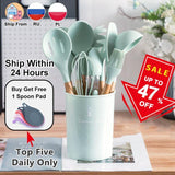 Silicone Cooking Utensils Set Non-Stick Spatula Shovel Wooden Handle Cooking Tools Set With Storage Box Kitchen Tool Accessories - shopwishi 