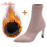 Aphixta Metal Blade Heels Socks Boots Women Stretch Fabric Elastic Stilettos Heel Pointed Toe Ankle Boots Shoes Woman Boats