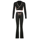 BIIKPIIK Hollow Out Flowers Skinny Two Piece Sets Casual Lounge Wear Long Sleeve Autumn Black Sportwear Female Elegant Suits