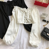 Women's Off Shoulder Long Sleeve Lace Up Ruffle Blouse with Puff Crop Top