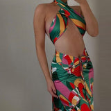 2021 Sexy Print Tracksuit Woman Two Piece Boho Outfit Suits Halter Bandage Tanks And Ruched Drawstring Midi Skirts Matching Sets