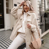 ZXQJ Women's Tweed Vintage Oversized Chic Plaid Shirt