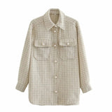 ZXQJ Women's Tweed Vintage Oversized Chic Plaid Shirt