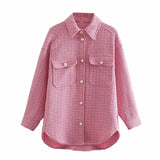 ZXQJ Women's Tweed Vintage Oversized Chic Plaid Shirt