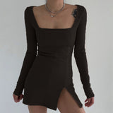 Rockmore Split Lace Sexy Mini Dress Women Transparent Long Sleeve Bodycon Square Collar Above Knee Dresses Party Dress Vedtidos