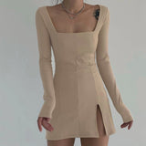 Rockmore Split Lace Sexy Mini Dress Women Transparent Long Sleeve Bodycon Square Collar Above Knee Dresses Party Dress Vedtidos