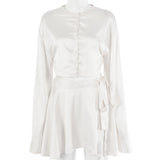 Fantoye Casual Satin Two Piece Dress Set For Women White O-neck Button Top Bandage Mini Pencil Skirts Outfits Fashion Party Suit