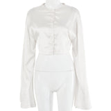Fantoye Casual Satin Two Piece Dress Set For Women White O-neck Button Top Bandage Mini Pencil Skirts Outfits Fashion Party Suit