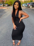 Joskaa Knitted Halter Sexy Maxi Dress For Women Off Shoulder Backless Party Bodycon Long Summer Clothes Club Outwear Dresses