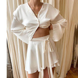 Summer New Women Satin Two Piece Set Elegant Long Sleeve Short Top And Skirt Set Casual White Crop Top 2 Piece Set Belt