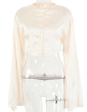 Summer New Women Satin Two Piece Set Elegant Long Sleeve Short Top And Skirt Set Casual White Crop Top 2 Piece Set Belt