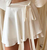 Summer New Women Satin Two Piece Set Elegant Long Sleeve Short Top And Skirt Set Casual White Crop Top 2 Piece Set Belt
