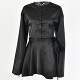 Summer New Women Satin Two Piece Set Elegant Long Sleeve Short Top And Skirt Set Casual White Crop Top 2 Piece Set Belt