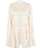 Summer New Women Satin Two Piece Set Elegant Long Sleeve Short Top And Skirt Set Casual White Crop Top 2 Piece Set Belt
