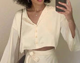 Summer New Women Satin Two Piece Set Elegant Long Sleeve Short Top And Skirt Set Casual White Crop Top 2 Piece Set Belt
