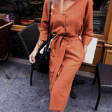 Sexy v Neck Autumn Long Sleeve Women Dress Ladies Sashes Button Casual Office Dress