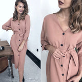 Sexy v Neck Autumn Long Sleeve Women Dress Ladies Sashes Button Casual Office Dress