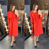 Sexy v Neck Autumn Long Sleeve Women Dress Ladies Sashes Button Casual Office Dress