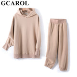 GCAROL Fall Winter Women Extra Long Hooded Suits 80% Cotton Fleece Oversized Boyfriend Sweatshirt Elastic Waist Harem Pants Sets