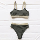INGAGA High Waist Bikinis 2021 Swimsuits Bandeau Swimwear Women Splicing Biquini Beachwear Sports Ribbed Bathing Suits New