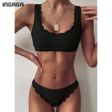INGAGA Push Up Bikinis - Black Solid Ribbed Scalloped Swimwear Set