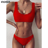 INGAGA Push Up Bikinis - Black Solid Ribbed Scalloped Swimwear Set
