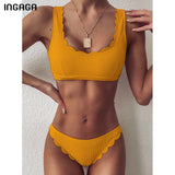 INGAGA Push Up Bikinis - Black Solid Ribbed Scalloped Swimwear Set