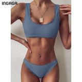 INGAGA Push Up Bikinis - Black Solid Ribbed Scalloped Swimwear Set