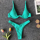 Sexy Neon V-bar Underwired Bikini 2021 Female Ribbed Swimsuit Women Thong Swimwear Two-pieces Bikini set Push up Bathing Suit