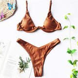 Sexy Neon V-bar Underwired Bikini 2021 Female Ribbed Swimsuit Women Thong Swimwear Two-pieces Bikini set Push up Bathing Suit
