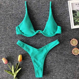 Sexy Neon V-bar Underwired Bikini 2021 Female Ribbed Swimsuit Women Thong Swimwear Two-pieces Bikini set Push up Bathing Suit