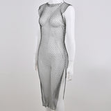 Amphiaraus Crystal Diamond Beach Dress Women Sexy V Neck Hollow Out Rhinestone
