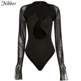 Nibber Ladies Sexy Deep V-neck Bodysuits Short Section Slim Lace Long Sleeve Casual Sport Jumpsuits