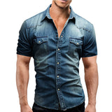 Men Spring Summer Denim Thin Shirt Short Sleeve Soft Cotton Two Pockets Slim Slight Elastic Jeans