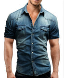 Men Spring Summer Denim Thin Shirt Short Sleeve Soft Cotton Two Pockets Slim Slight Elastic Jeans
