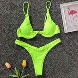 Sexy Neon V-bar Underwired Bikini 2021 Female Ribbed Swimsuit Women Thong Swimwear Two-pieces Bikini set Push up Bathing Suit