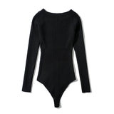 Knitted Bodysuit Solid Long Sleeve Bodycon Jumpsuit
