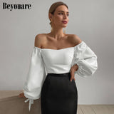 Beyouare Elegant Women's T Shirt Sexy Slash Neck Lantern Sleeve Bandage Solid White Tops 2020 Autumn Casual Slim Office Lady Tee