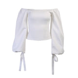 Beyouare Elegant Women's T Shirt Sexy Slash Neck Lantern Sleeve Bandage Solid White Tops 2020 Autumn Casual Slim Office Lady Tee